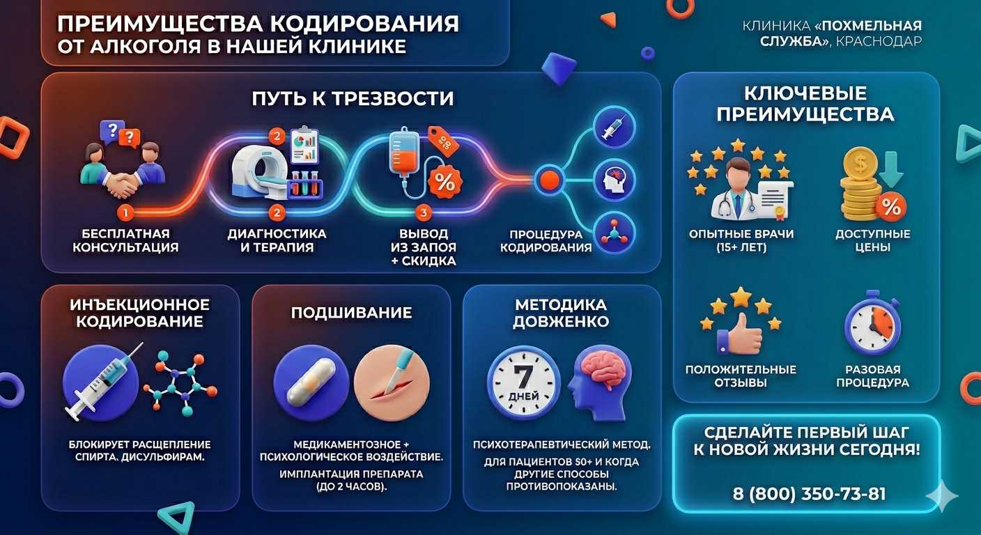 Инфографика о методах кодирования от алкоголя в Веселом: инъекции, подшивание, метод Довженко. Преимущества клиники и этапы лечения.
