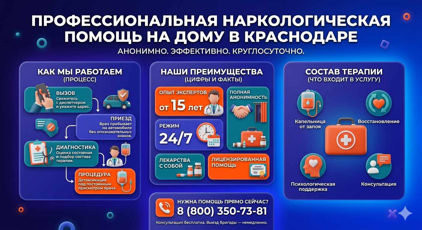 Инфографика о принципах лечения алкоголизма на дому в Веселом: этапы вызова нарколога, преимущества анонимной детоксикации и состав медицинской помощи.
